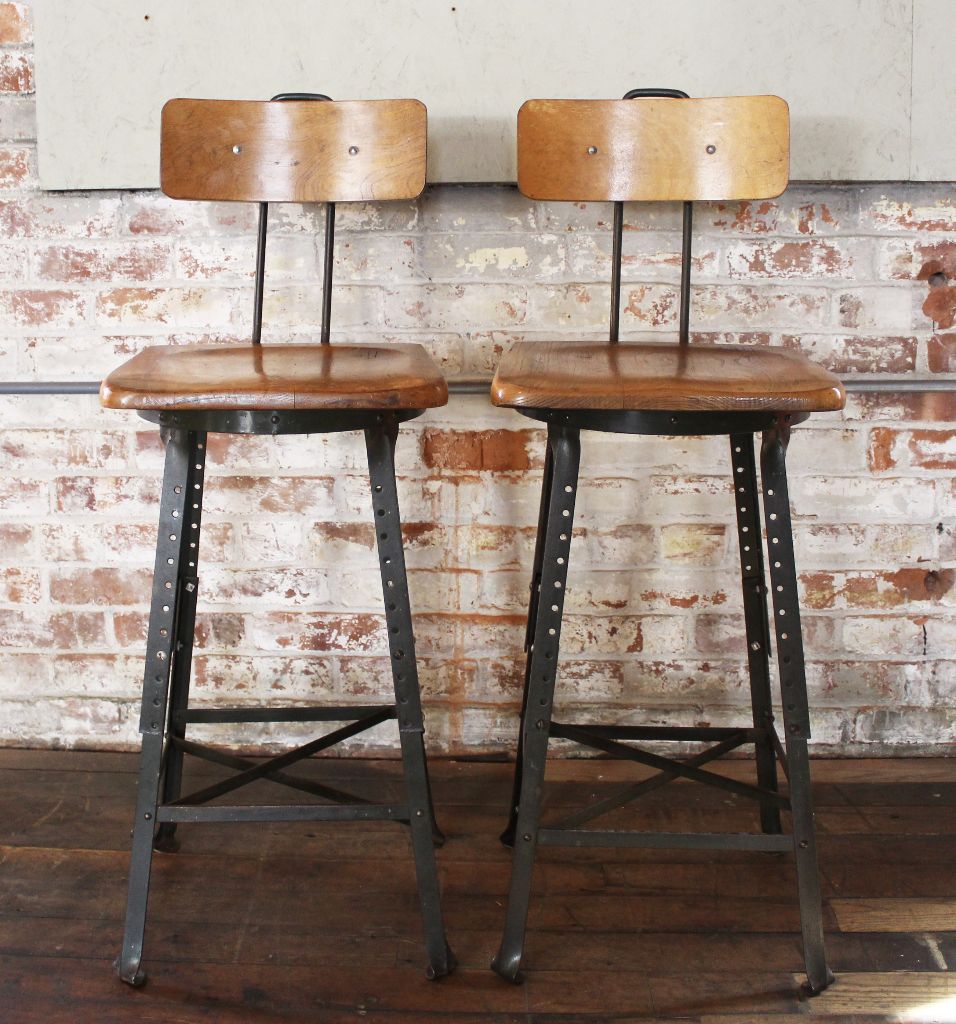 Pair of Vintage Industrial Bar Stools - Adjustable - Wood and ... - ... Vintage Industrial Bar Stools - Pair - Adjustable - Industrial ...