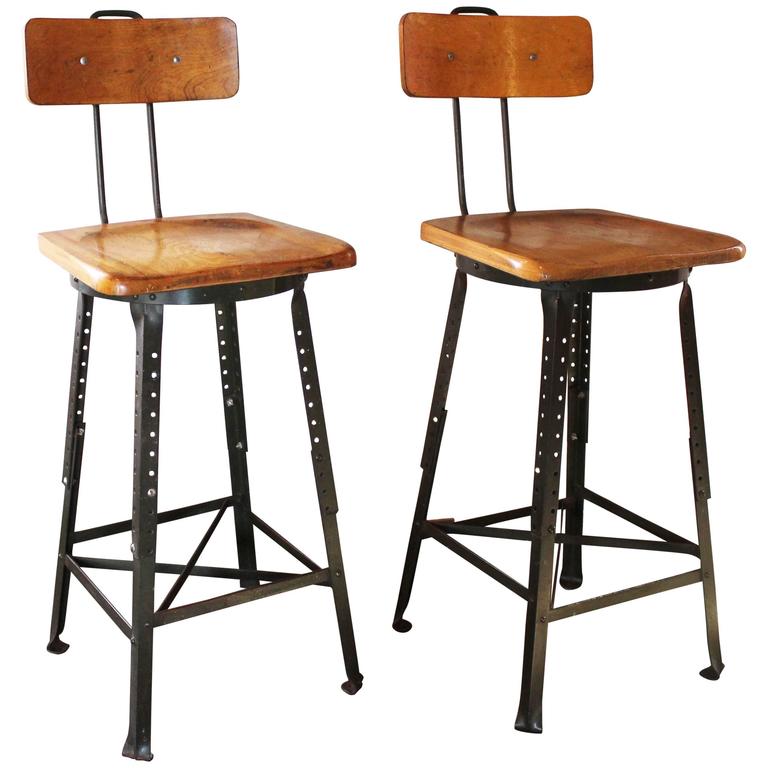 Pair of Vintage Industrial Bar Stools - Adjustable - Wood and ... - Vintage Industrial Bar Stools - Pair - Adjustable - Industrial