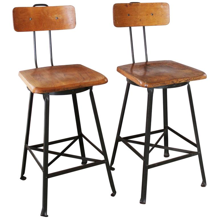 Vintage Industrial Bar Stools Wood and Metal Bar Stools - Pair ... - Vintage Industrial Bar Stools Wood Metal Adjustable Getbackinc