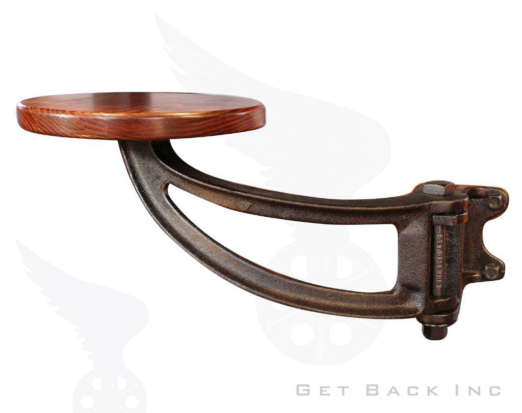 bar stool, swing out seat, suspended seating, cast iron stool